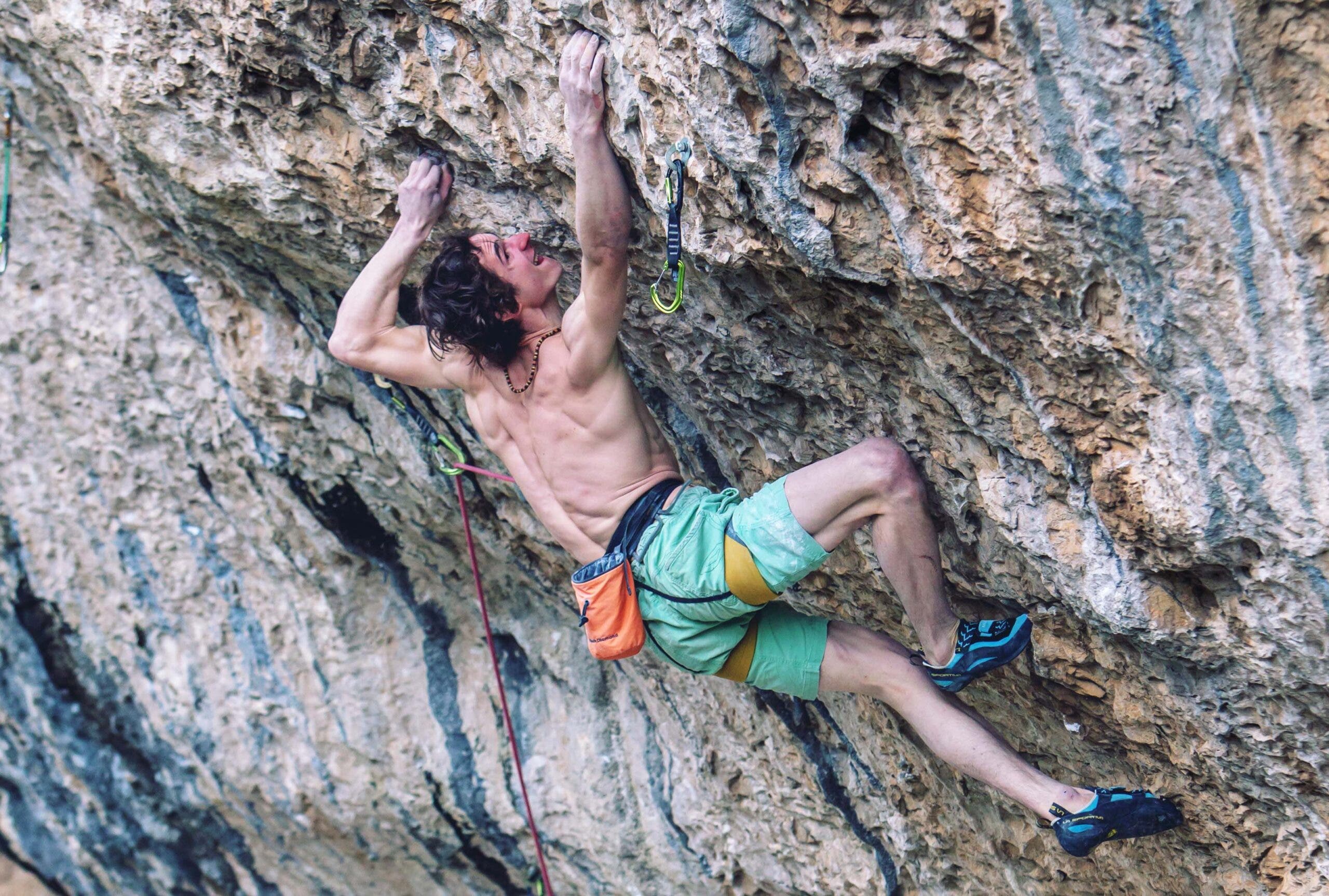 Rock climber Adam Ondra on the first ascent of a difficult route in France.