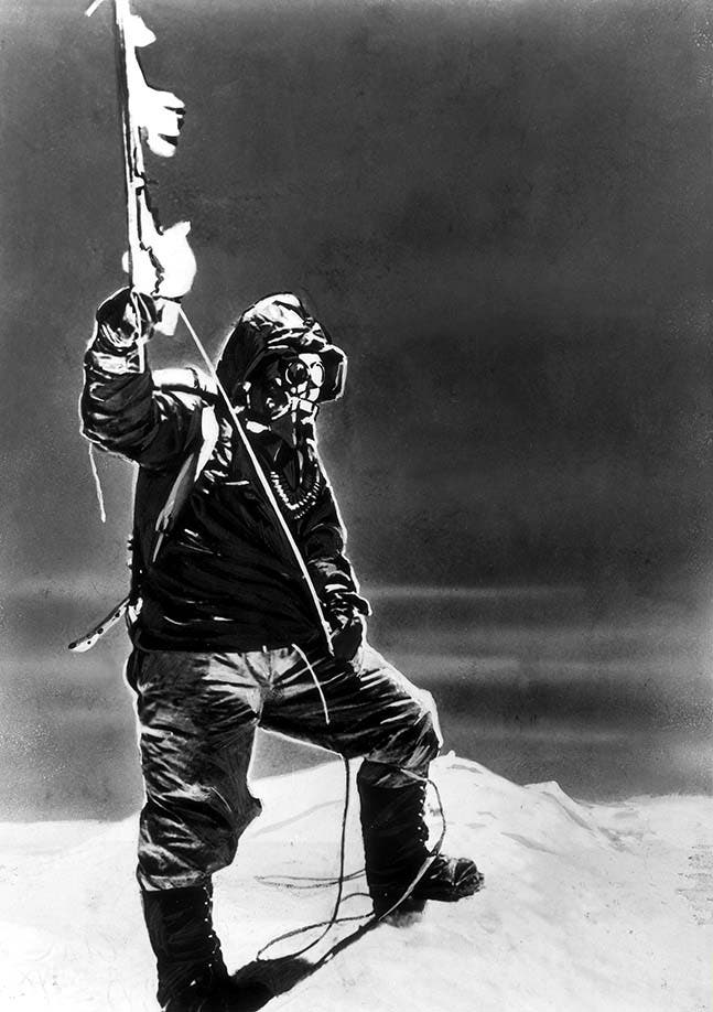 Tenzing Norgay on the summit of Mount Everest.