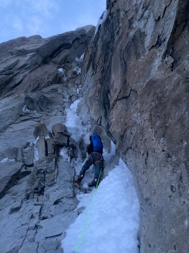 Gardner leads up sticky ice runnels low on the Slovak.
