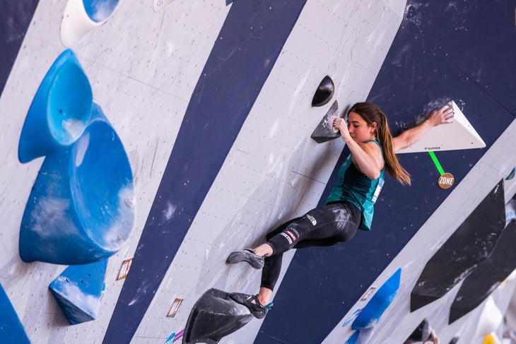 Johanna Farber on the press-up move at the Salt Lake City Bouldering World Cup.