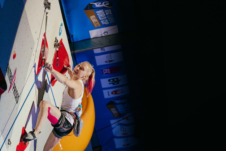 Janja Garnbret competing at world cup in Villars, Switzerland.