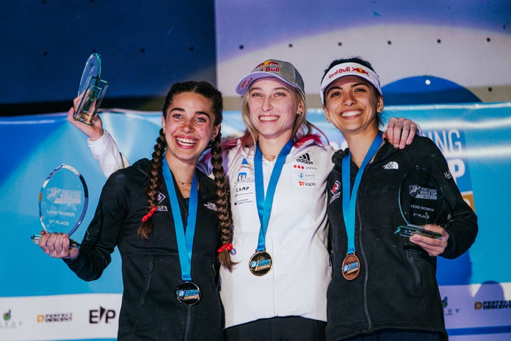 Brooke Raboutou, Janja Garnbret and Natalia Grossman on the podium in Villars.