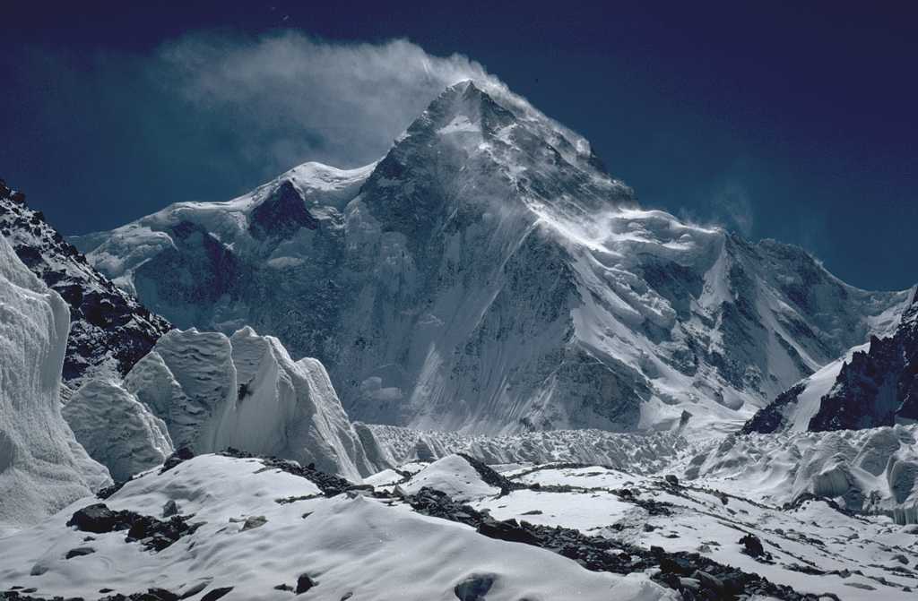 Snow blowing eastward from the Summit of K2 as photographed from the North side.