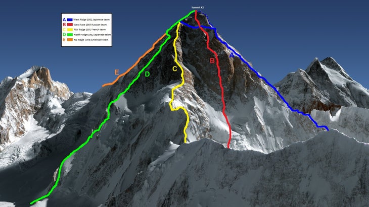 A computer-generated map of the routes on K2's North and West Faces