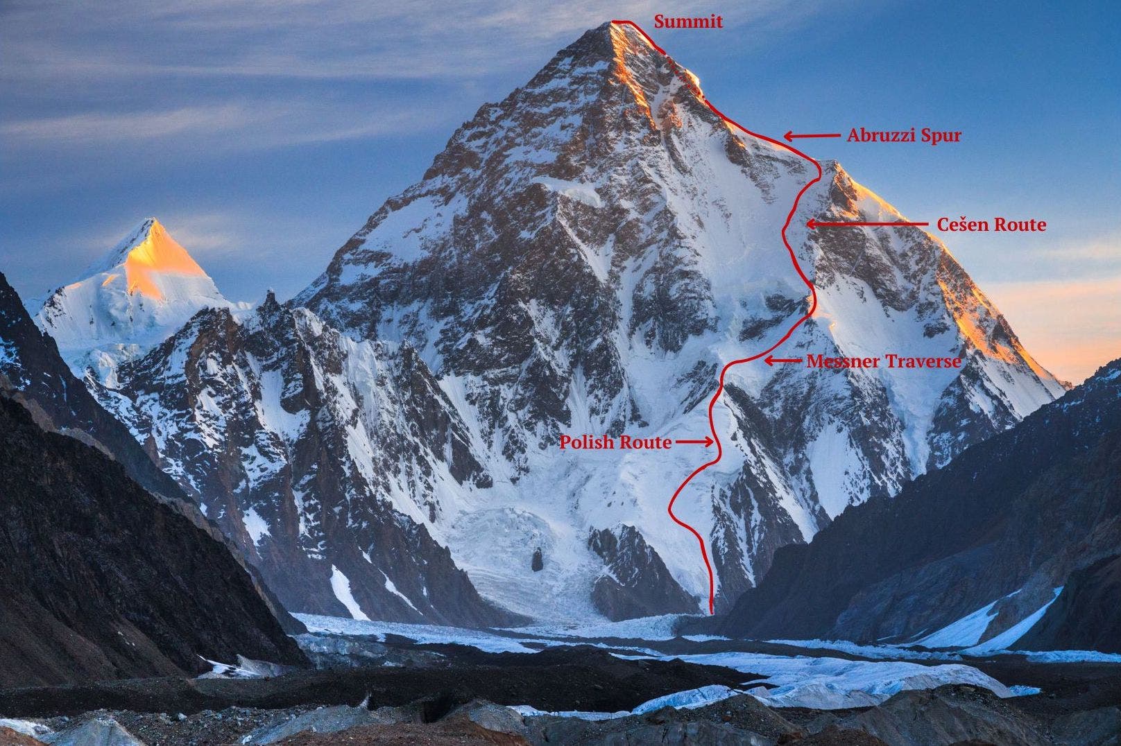 A map showing roughly the line of Andrezej Bargiel’s 2018 ski descent of K2