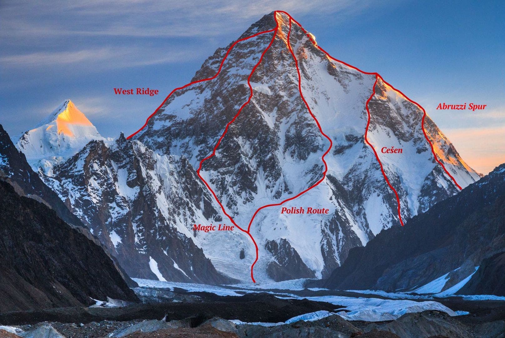 A map of routes on the south and southwest sides of K2.
