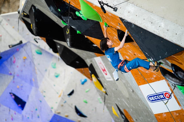 Mori Ai of Japan climbing in World Cup Lead in Edinburgh, Scotland.