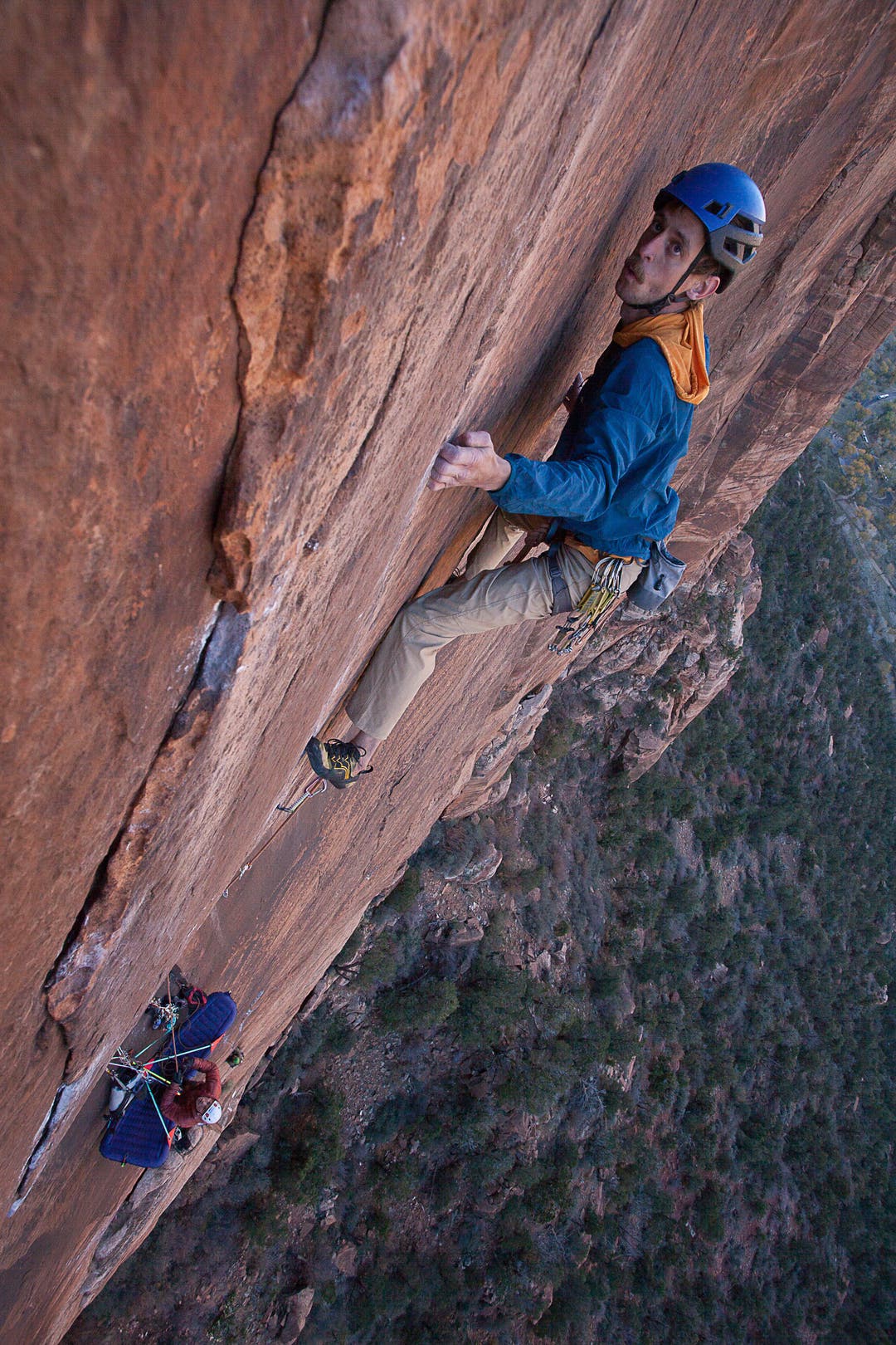 Drew Marshall stares down the final crux of pitch three during its first free ascent.