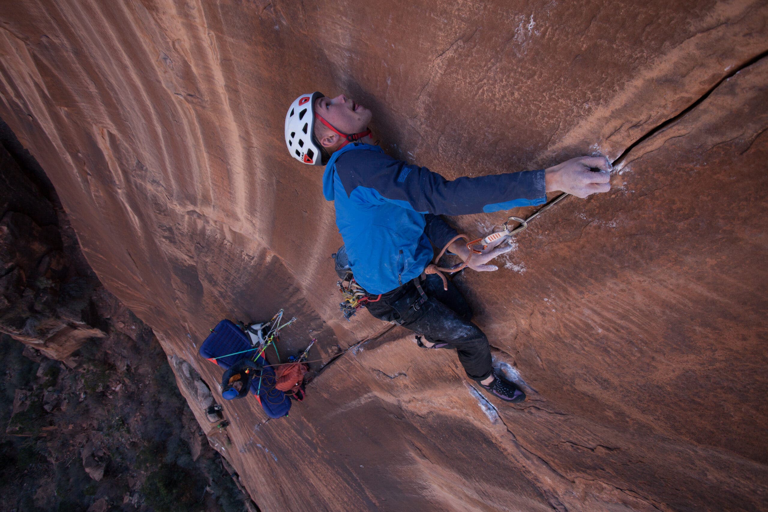 Nat Bailey on the crux moves of pitch three on The Crack in the Cosmic Egg.