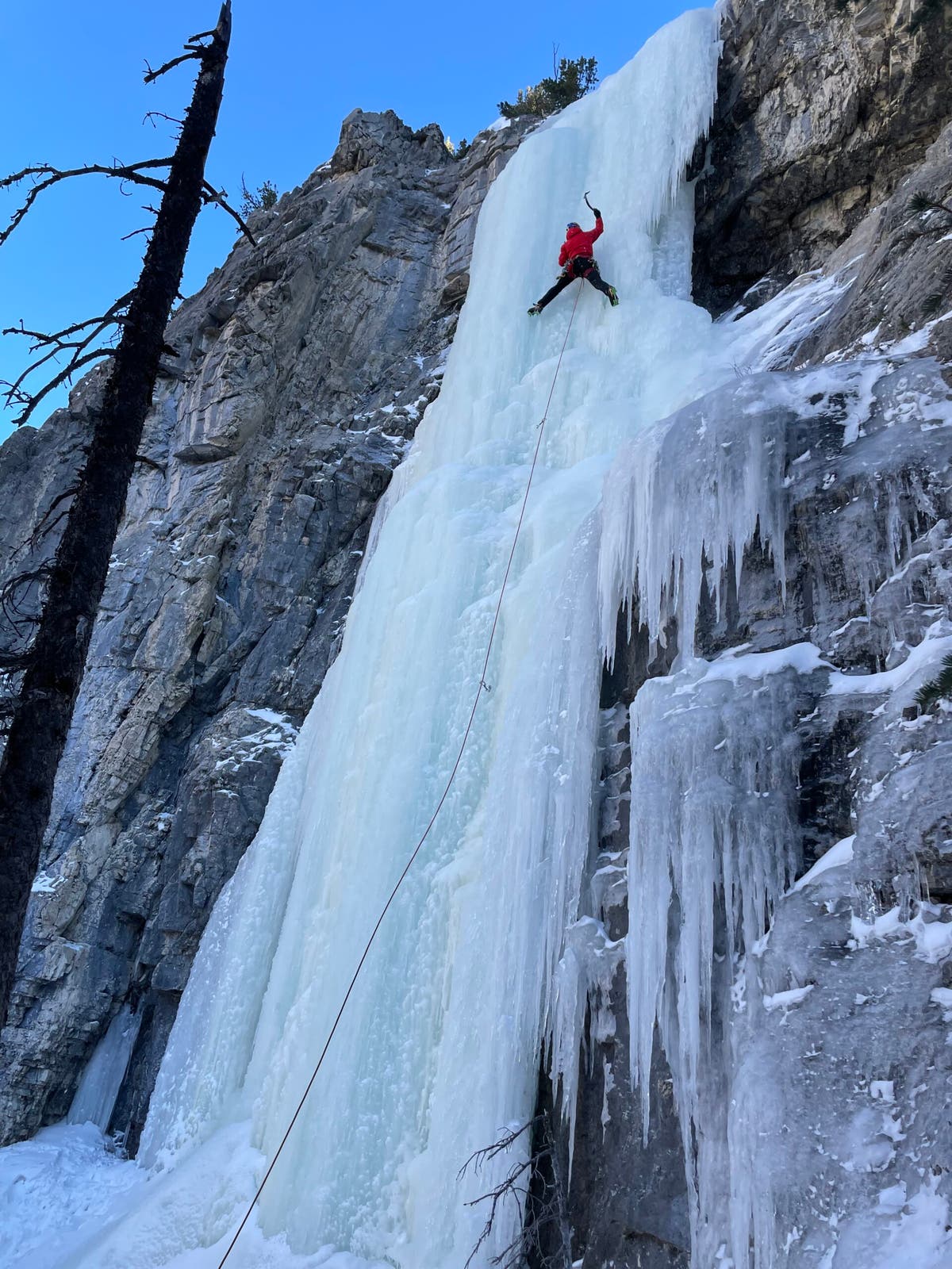 Will Gadd leads a steep pitch of ice.