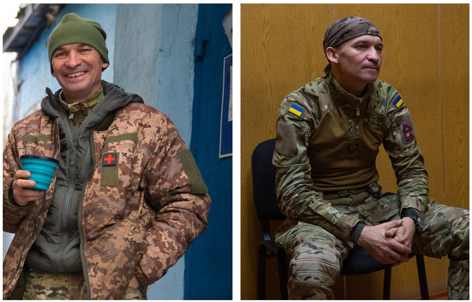 Igor Zhadan: climber, physician, triathlete, currently serving in the Kharkiv Oblast. He's grinning and drinking a warm beverage while wearing fatigues.