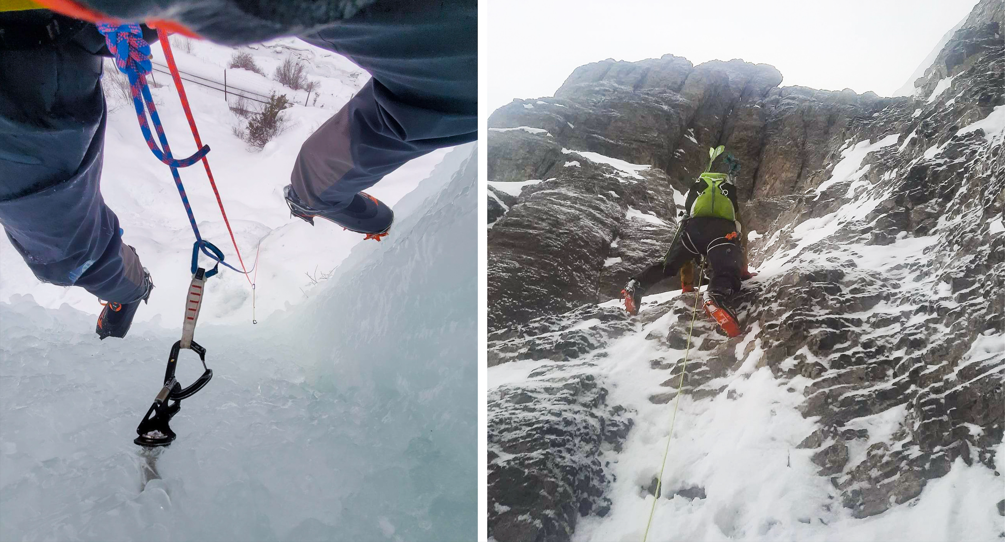 Two-image collage: Climber looks down a pitch of steep ice. Skier climbs up a rocky cliff.
