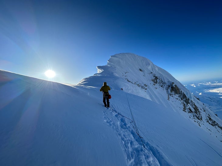 Two alpinists walk along the summit ridge of Mt Huntington on a sunny day.