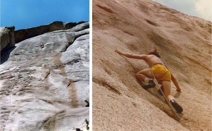 Two photos of climbers doing very scary climbs in the 1970s and 1980s
