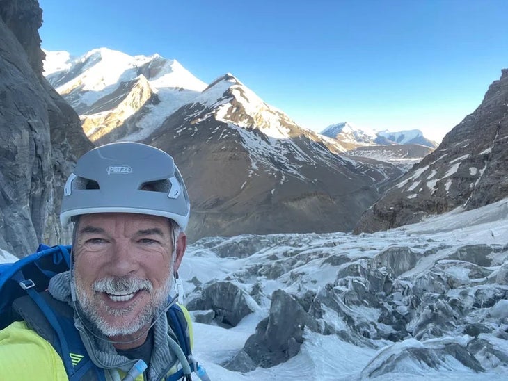Warner wearing a helmet just above Camp 1 on Dhaulagiri.