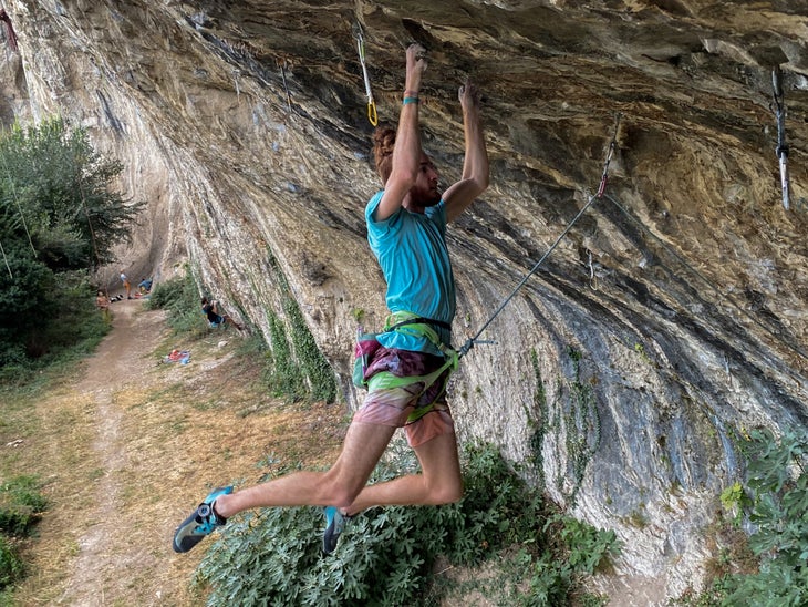 Loic Zehani cutting feet on shallow pockets on one of the hard lower sections of his new 5.15b, Quartier’s Nord