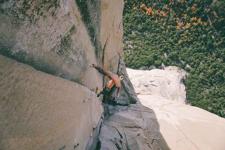 A climber falling on the crux pitch of the Nose.
