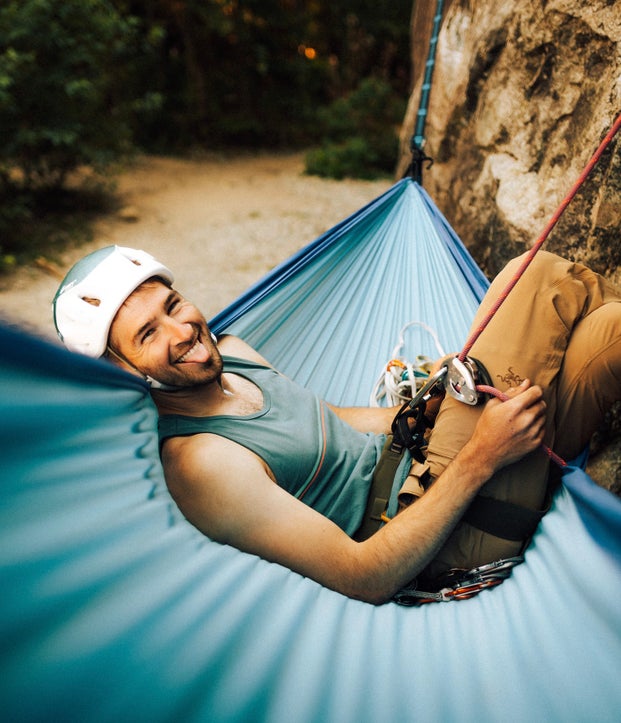 Marcus in his favorite place: at the crag, in his hammock.
