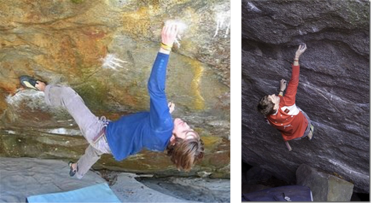 Two photos of James Pearson climbing boulders in Switzerland