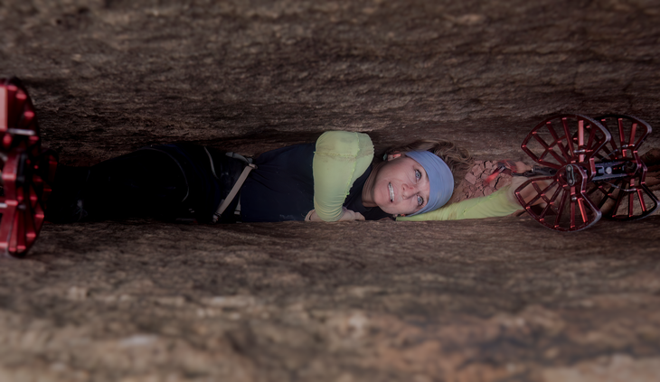 Mary Eden climbing the off-width ending of Black Mamba