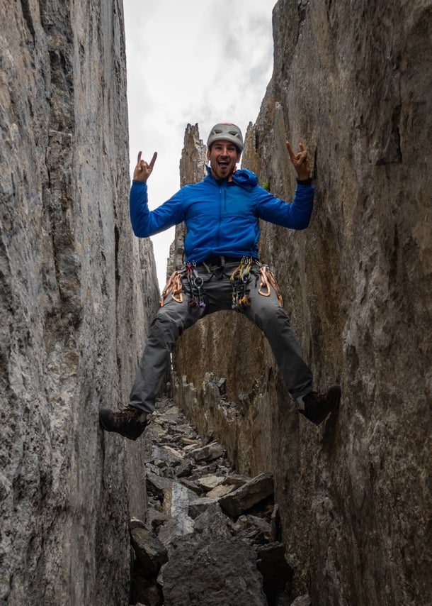 Marcus in the "Medieval Alleyway," six pitches into the classic Banff route 'Homage to the Spider'.
