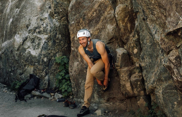 Marcus enjoying life while cragging in Squamish, BC.