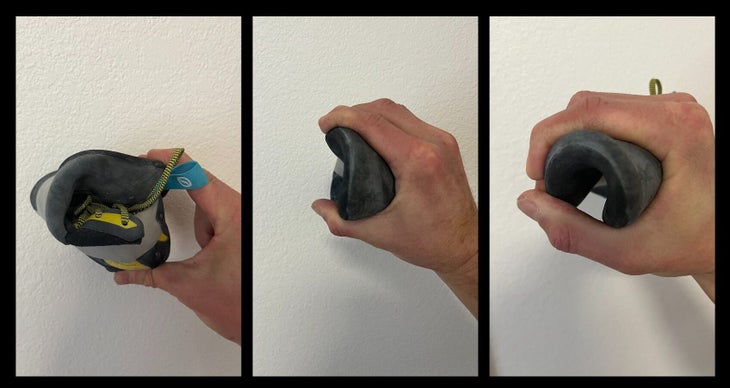 Three photos in which the author bends the Veloce L into shapes to demonstrate how soft it is.