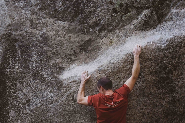 Carlo Traversi grabs the sloper rail on his new V16 in Yosemite.