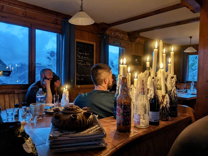 Several climbers gathered inside the Lac Blanc hut in Chamonix.