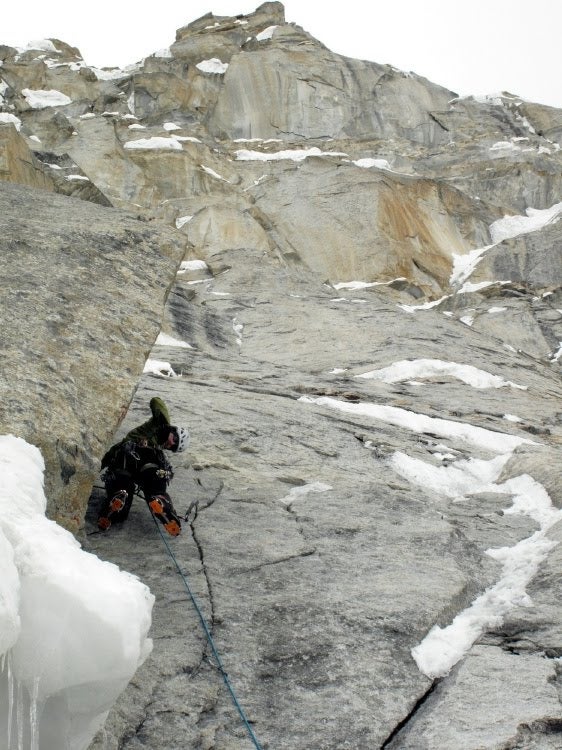 Raphael Slawinski starting up the rock headwall on Pumari Chhish East, in 2009. 
