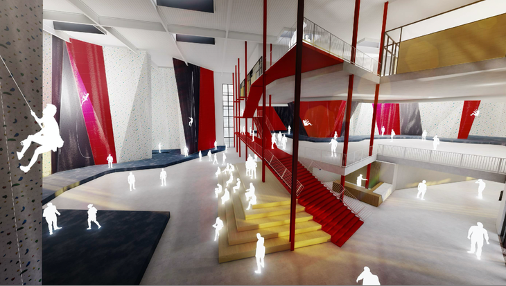 A preliminary mockup of USA Climbing's new national training center. Shows the inside of the building, which is massive