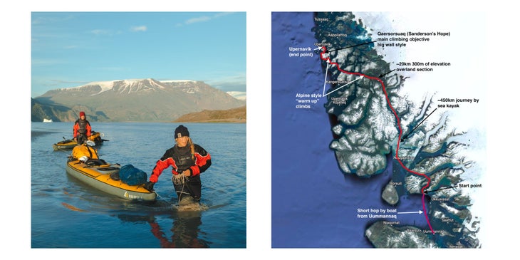 Two images: a woman dragging a kayak out of water and a map of part of Greenland.