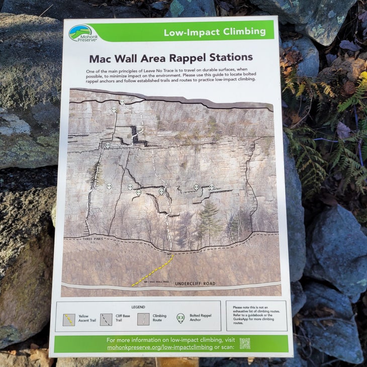 A sign showing how to rappel off the Mac Wall at the Gunks.