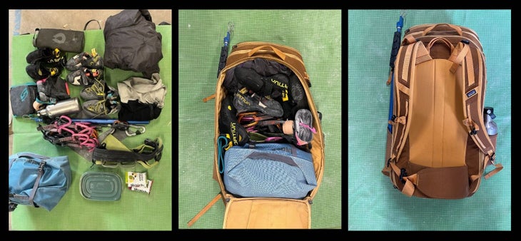Three photos: the first shows a lot of climbing gear laid out. The second shoes the gear inside the Cragsmith 45L with the back panel open. The third shows the pack full and closed and ready to go.