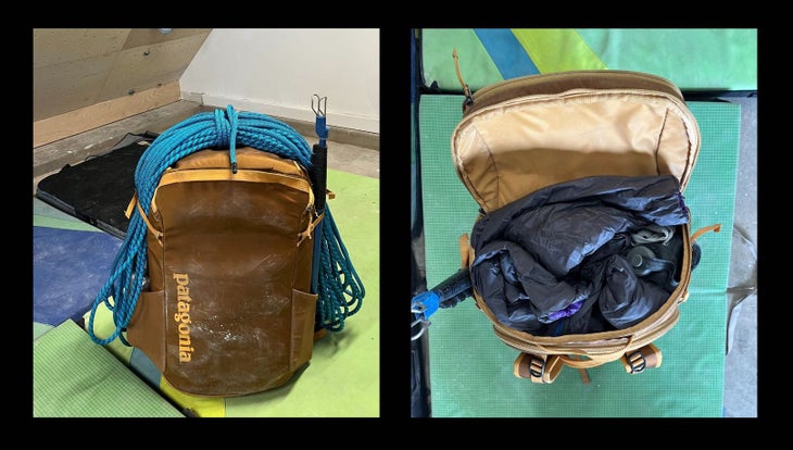 Two shots of the Cragsmith: the first shows the pack with a rope strapped to the outside. The second shoes the pack open from the top.