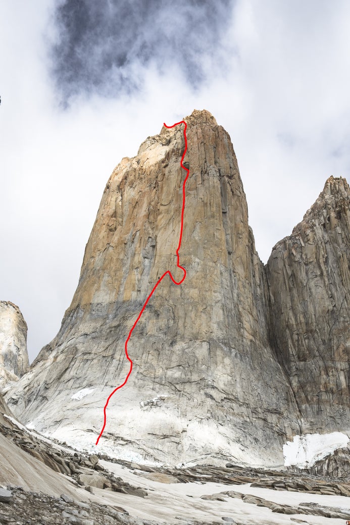 The team's all-free line of ascent up Riders on the Storm, Torre Central, Patagonia.