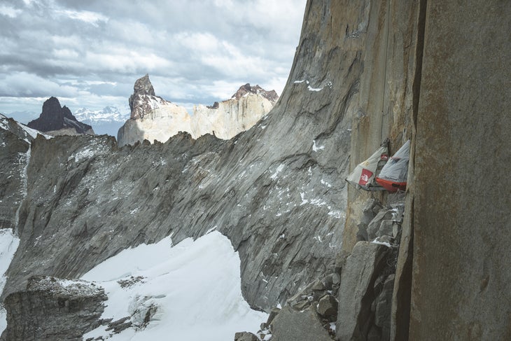 A hanging portaledge camp on the East Face of Torre Central, Torres del Paine National Park, Patagonia.