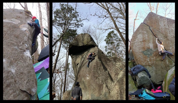 Three side-by-side climbing shots that show the climbing variety at the Asheboro Boulders.