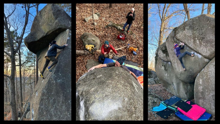 Three images of climbers at the Asheboro Boulders