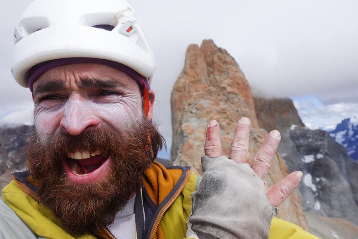 Seán Villanueva-O’Driscoll on the summit of La Peineta, Torres del Paine, Patagonia, after making the first complete solo of the skyline.