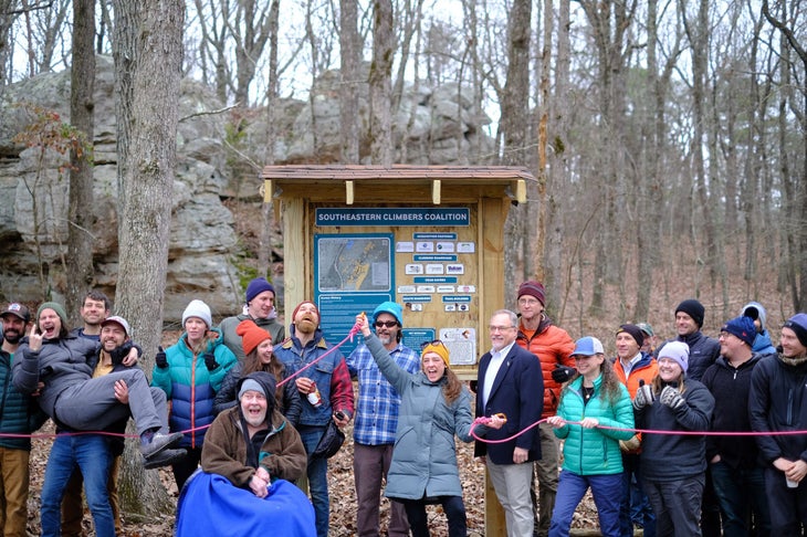 The ribbon-cutting at the Citadel Boulders: a number of climbers gathered at the trailhead to celebrate this North Alabama access win.