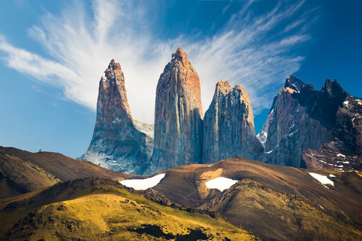 Impressive view of Torres del Paine towers on a sunny day.