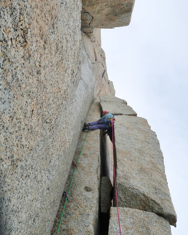 Luka Lindič starts up one of the steeper pitches on Pot, a new route on Poincenot in Patagonia.