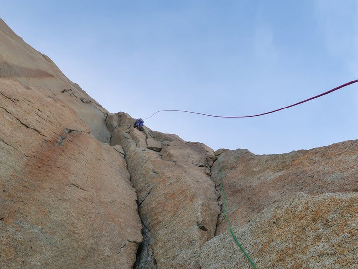 Luka Lindič leads a long, splitter pitch of "very high quality" on Pot, a new route on Poincenot in Patagonia.