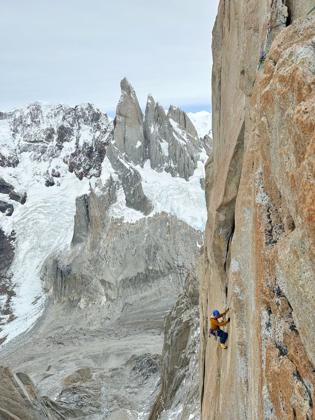 Luka Krajnc follows one of the complex, traversing pitches midway through Pot, a new route on Poincenot in Patagonia.