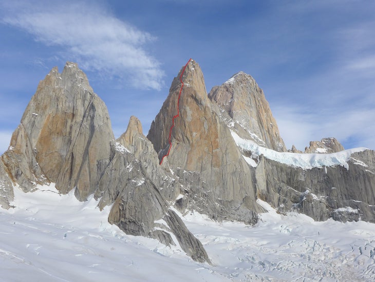 The line of Pot, a new route on Poincenot in Patagonia.