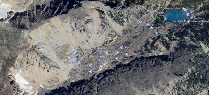 A Google image screenshot of Upper Upper Chaos Canyon that shows the location of problems and the rock slide.