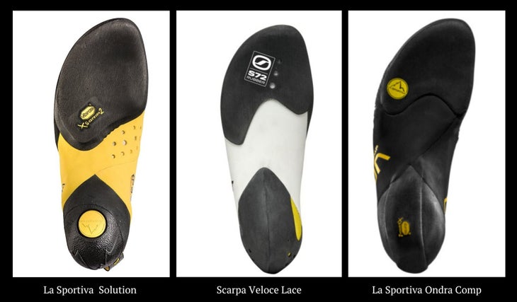 An image of three climbing shoes shown side by side with their soles facing the viewer. You can see how differently sized the half soles are
