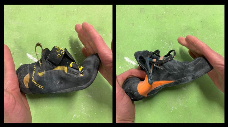 two images side by side. One shoes the author trying to bend the Miura VS. The other shows the author trying to bend the Sigma. The Miura VS is far softer.