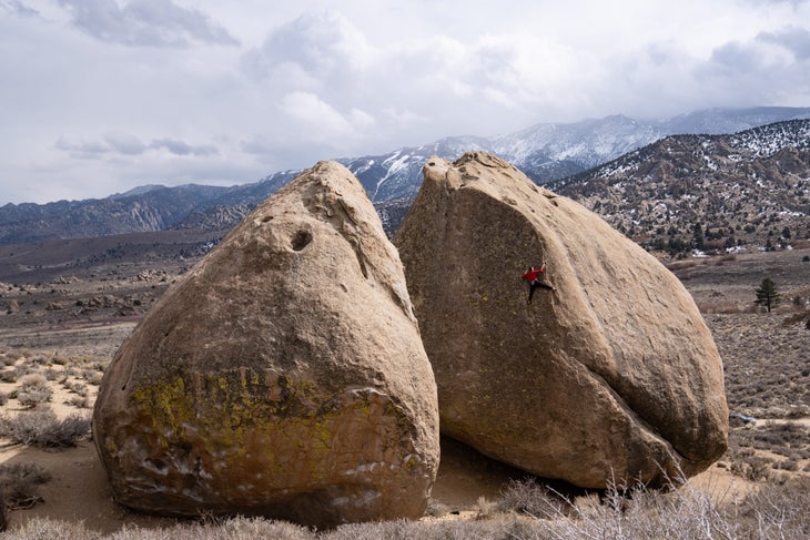 The author on Fingerprints, a tall boulder problem in Bishop, CA